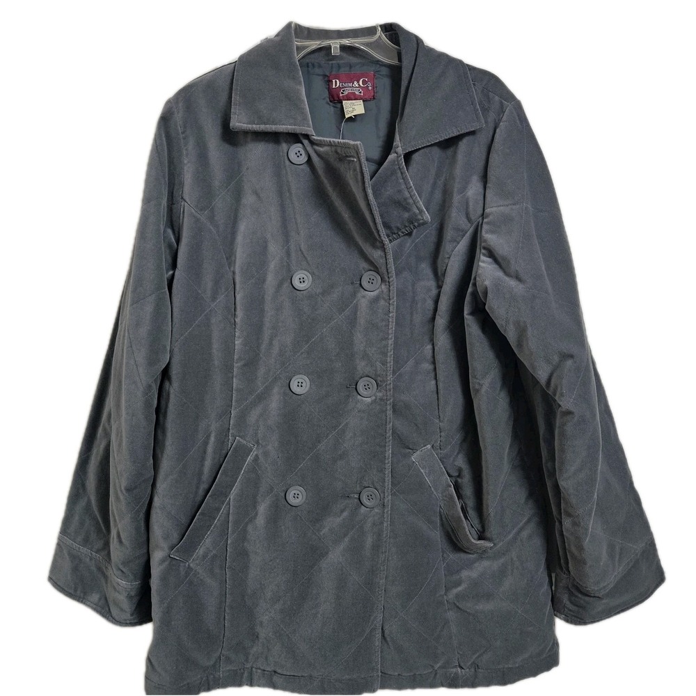 Denim & Co. Peacoat Women M Gray Quilted Cotton Velveteen Double Breasted Jacket